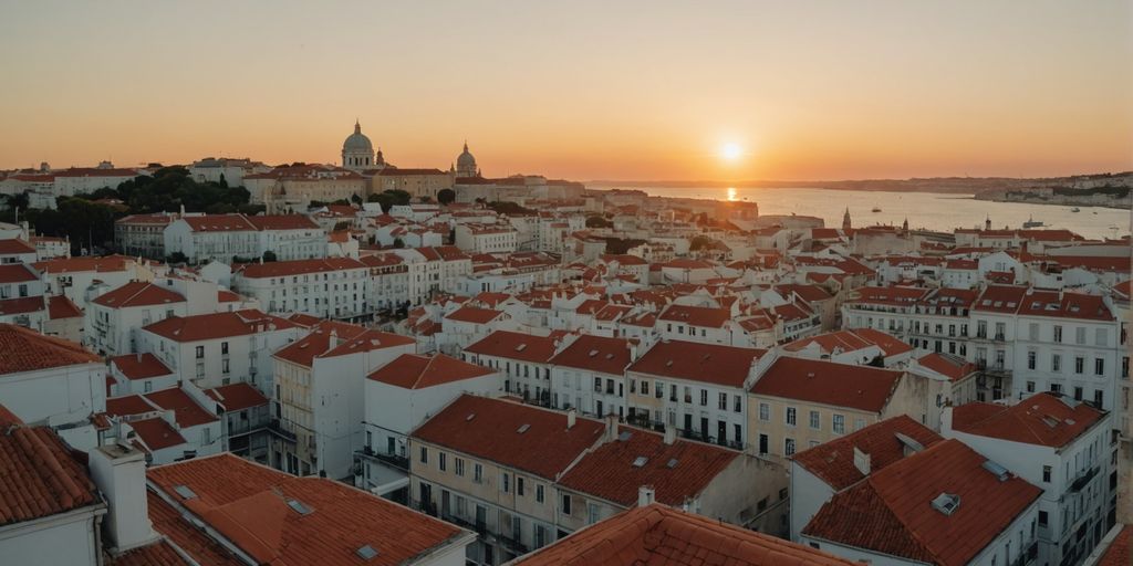 Sunset view of Lisbon's rooftops and landmarks.