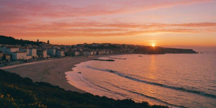 Beautiful Portugal coastline at sunset with colorful sky.