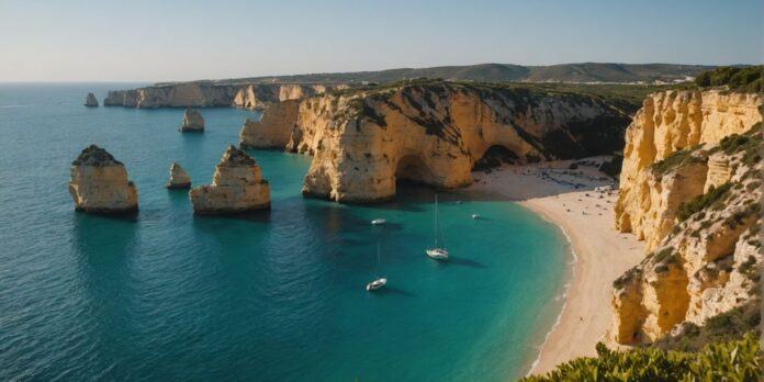 Golden cliffs and blue waters of Algarve's coastline