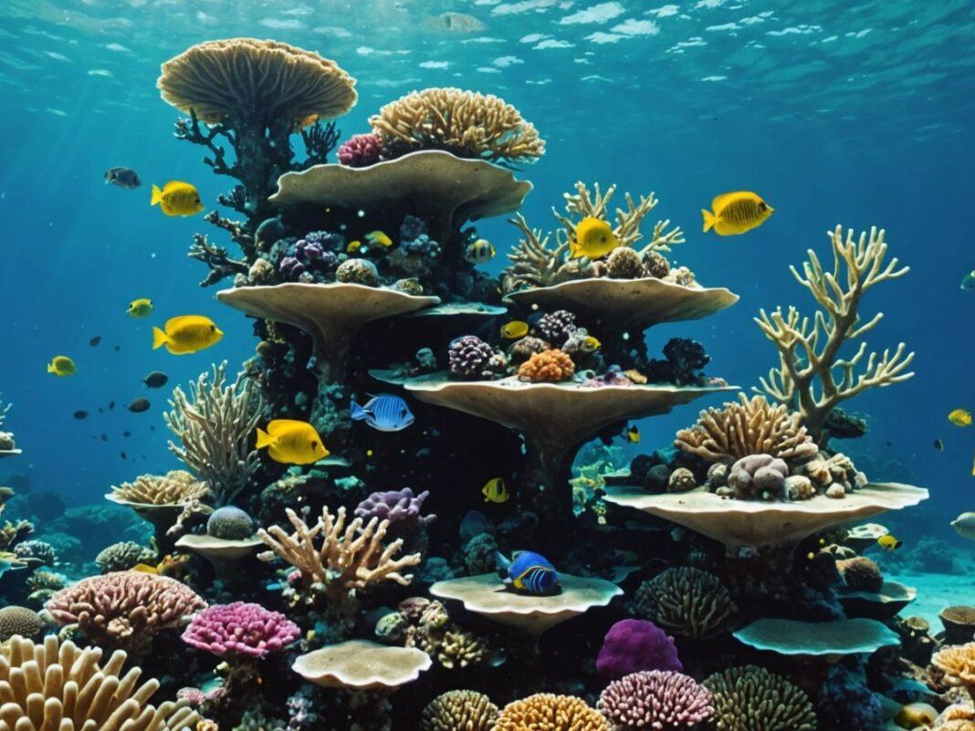 Colorful underwater art reef with marine life and sculptures.