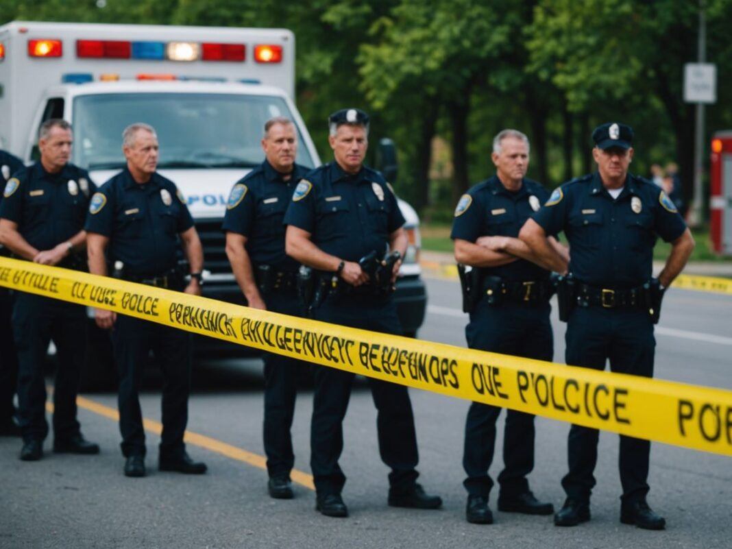 Police and emergency responders at the scene of a knife attack.