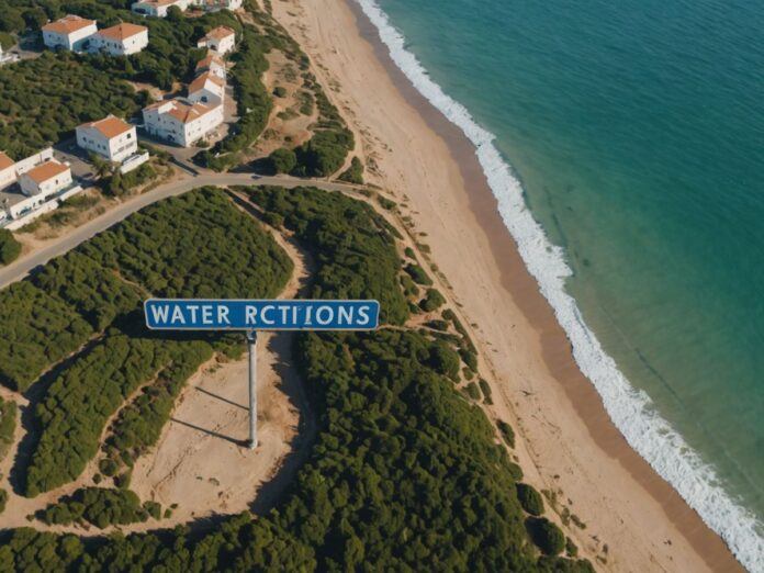 Algarve coastline with water restrictions sign at sunset