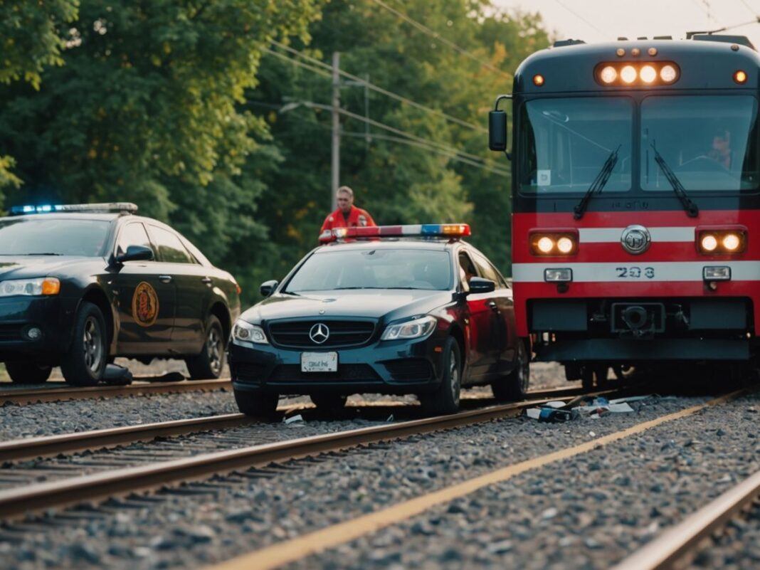 Emergency responders at train and car collision site near Silves.