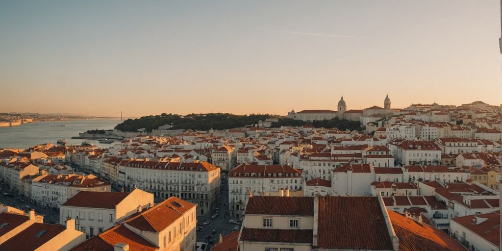 Golden sunset over Lisbon's rooftops and river