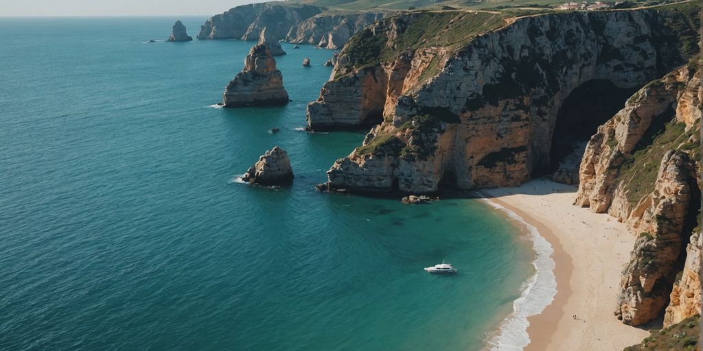 Portugal coastline with clear blue waters and cliffs.