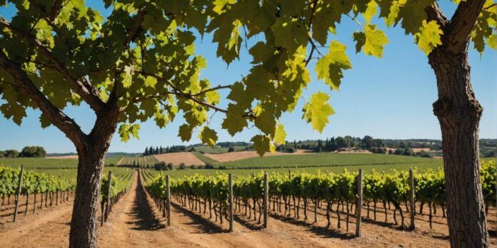 Vineyard in Alentejo with clear blue sky.