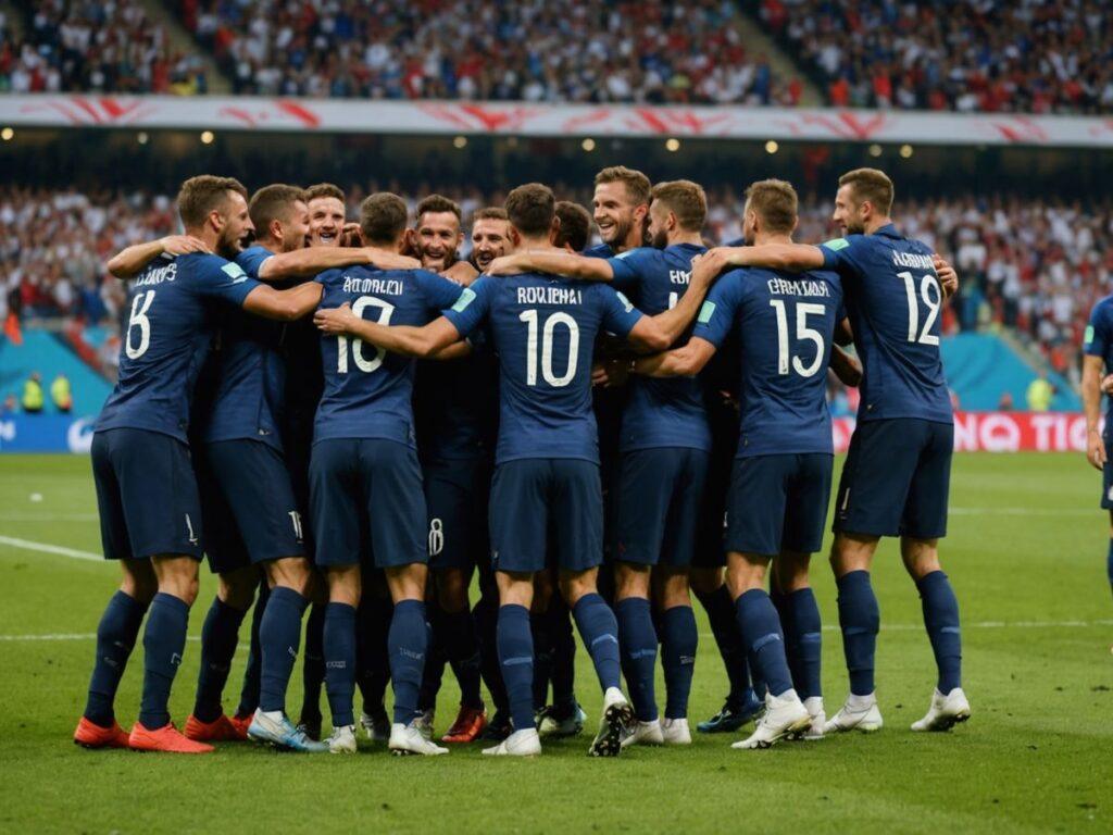 France players celebrating victory over Portugal in penalty shootout.