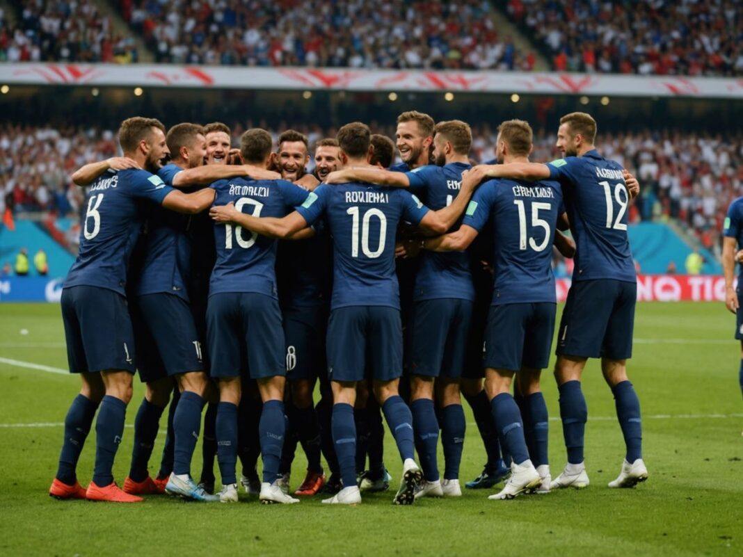 France players celebrating victory over Portugal in penalty shootout.