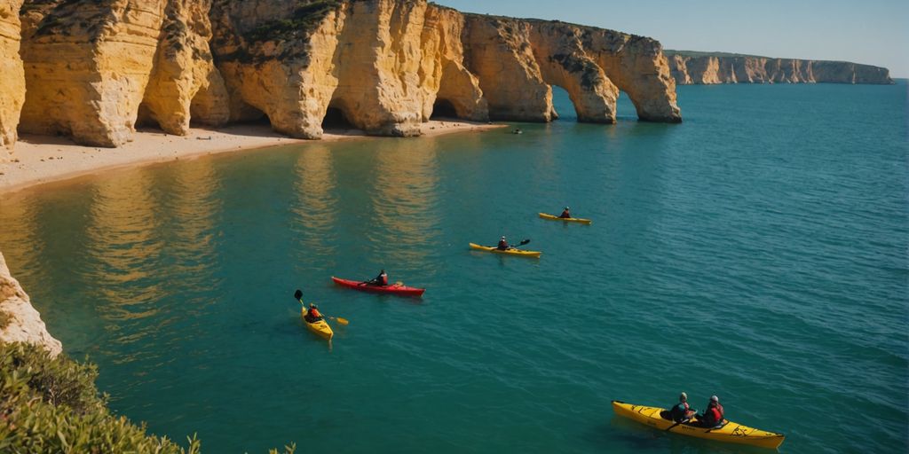 Kayakers paddling near golden cliffs in Algarve.