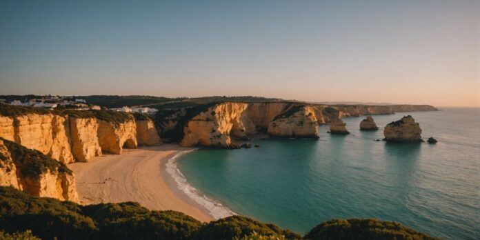 Beautiful sunset illuminating Algarve's cliffs and beaches