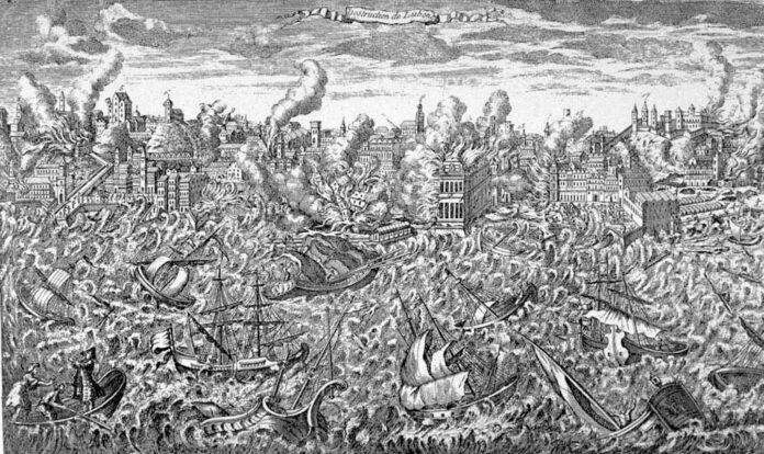 An old drawing representing the Lisbon Earthquake