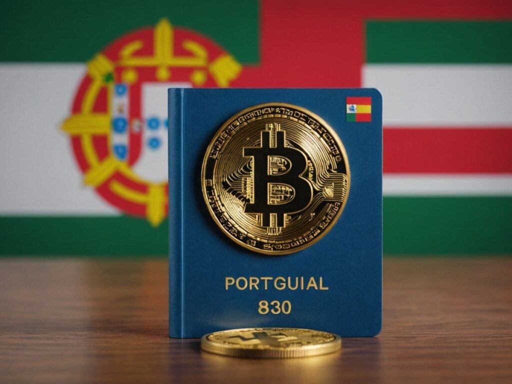 Portugal Golden Visa with Bitcoin and flag