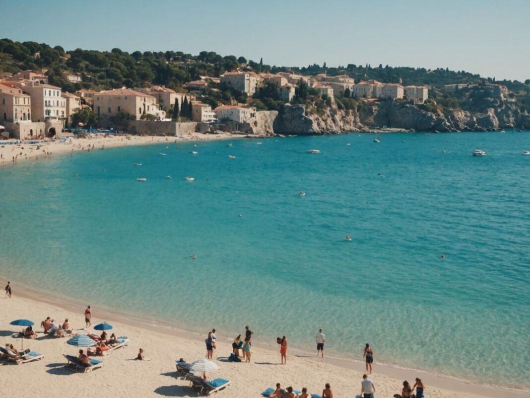 Tourists relax on a sunny Mediterranean beach with clear water.