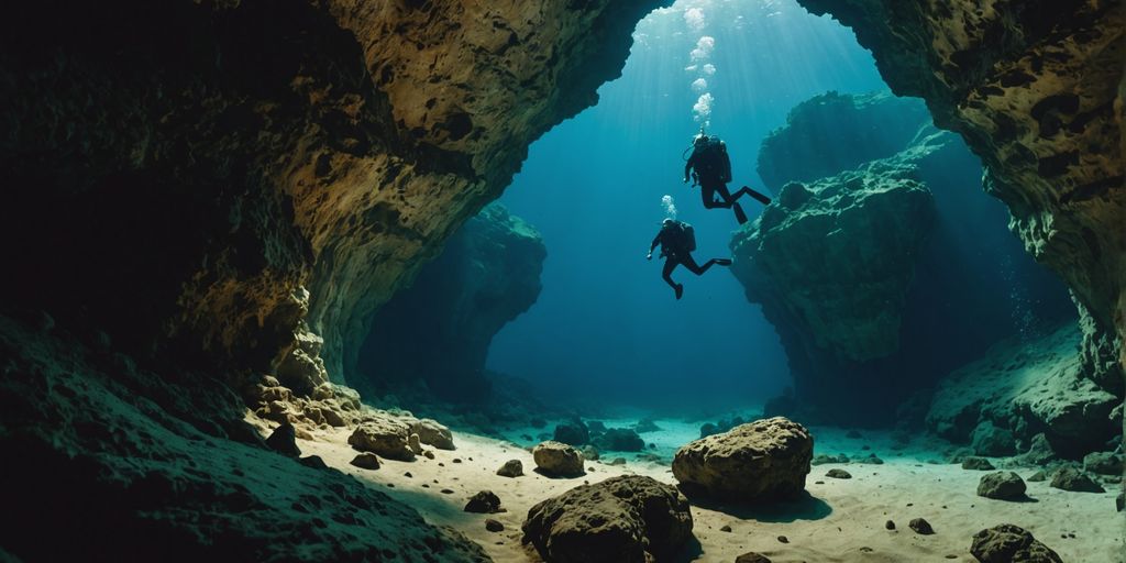 Divers exploring underwater caves in Sagres