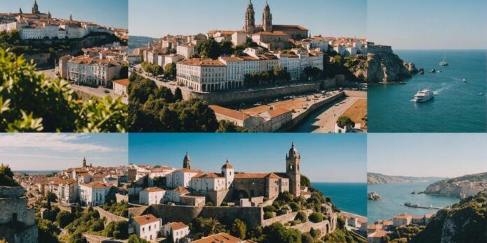 Collage of Portugal, Spain, and France landmarks and landscapes.