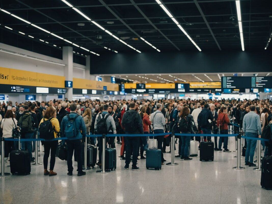 Travelers in long lines at a crowded airport check-in