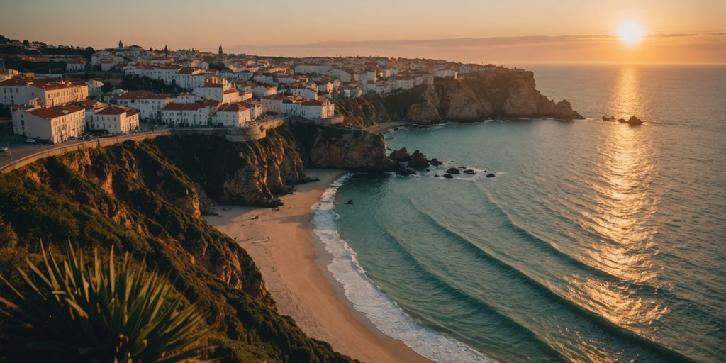 Beautiful Portugal coastline at sunset with colorful sky.