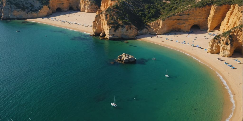 Aerial view of Algarve's stunning coastline and beaches.