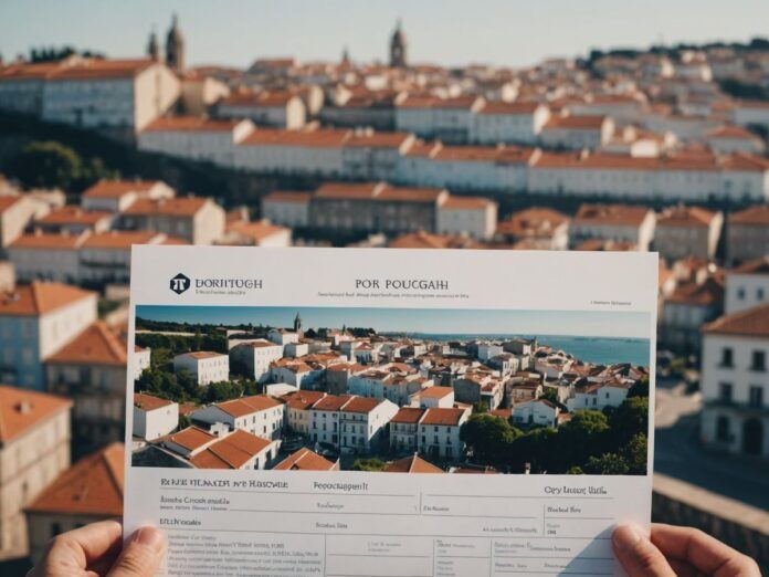 Portugal cityscape with houses and tax document overlay