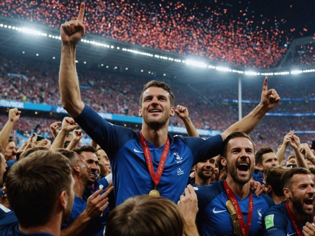 France team celebrates Euro 2024 quarterfinal win over Portugal.