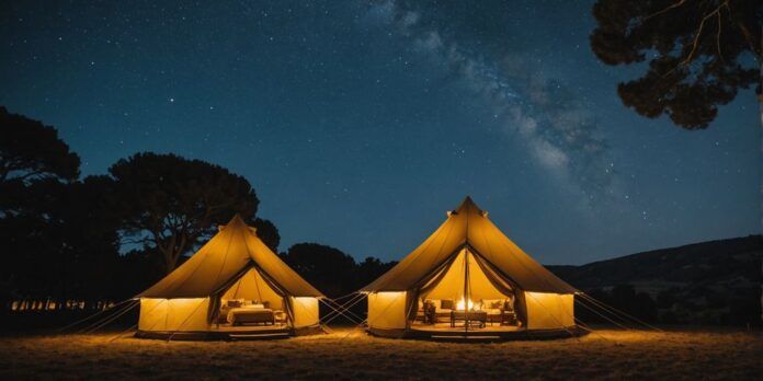 Cozy glamping tent with lights in Portugal