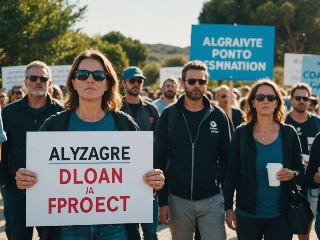 Protesters with signs opposing Algarve desalination plant