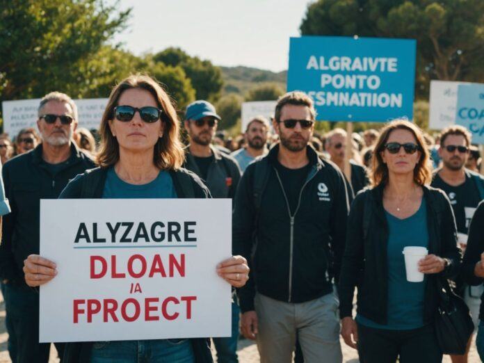 Protesters with signs opposing Algarve desalination plant