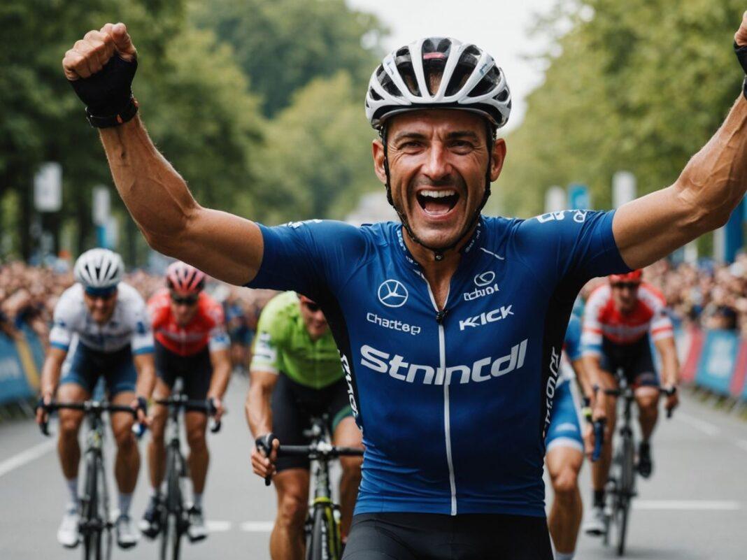 Sergio Chumil celebrates victory in Stage 3 of Volta.