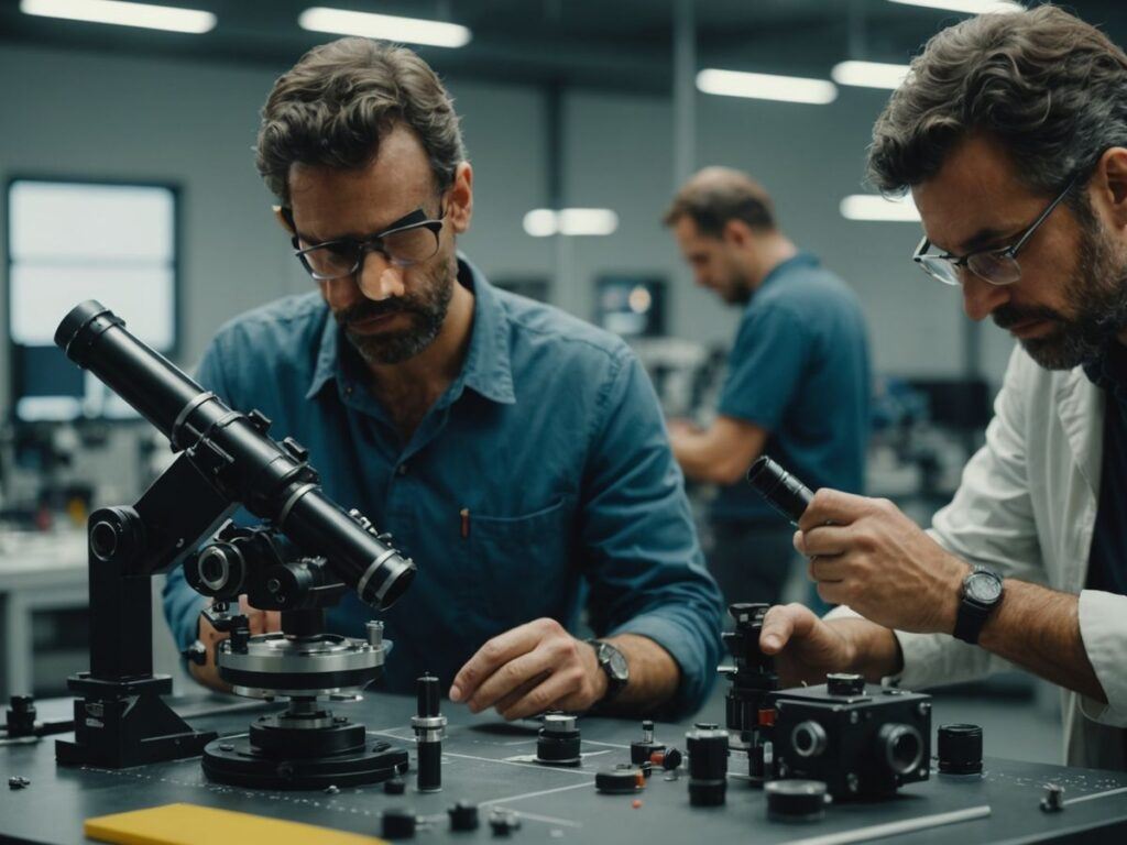 Engineers assembling parts for advanced telescope in laboratory