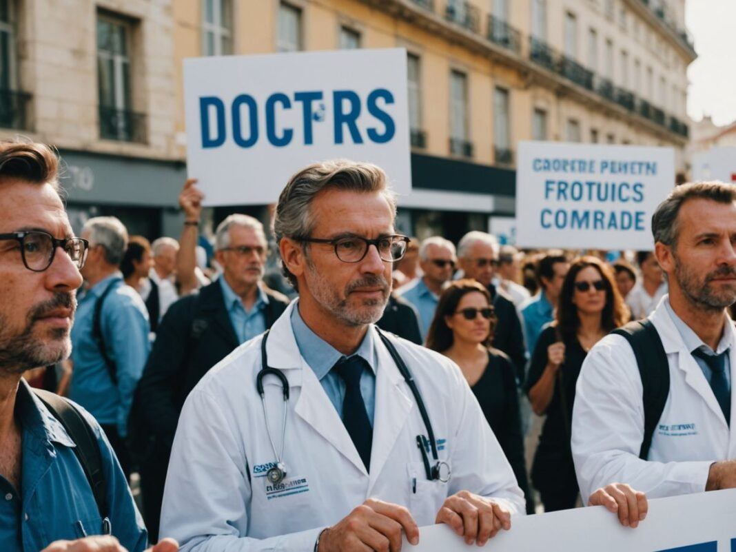 Portuguese doctors protesting with banners and signs in Lisbon