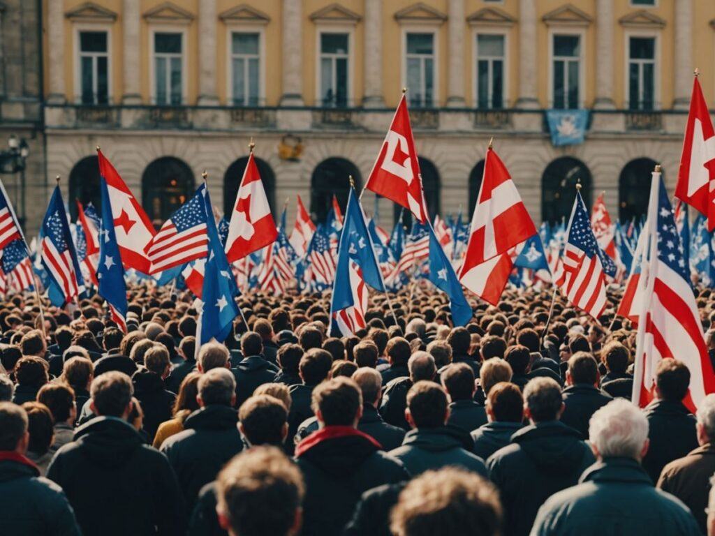 Crowd at political rally, flags waving, election tension high