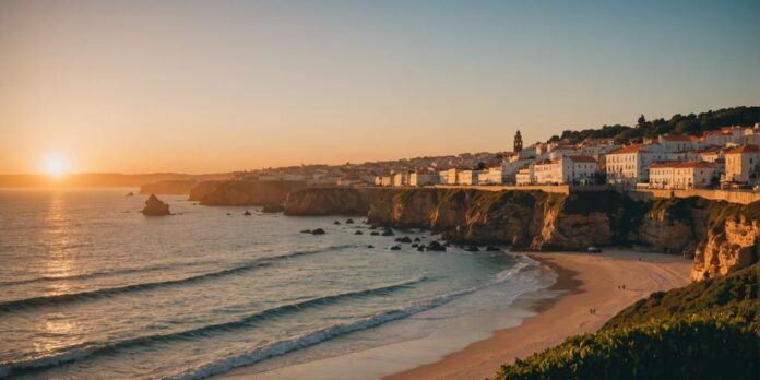 Portugal coastline at sunset with vibrant colors and waves.