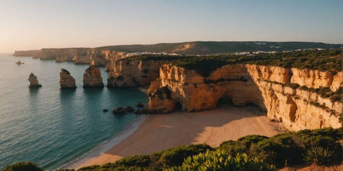 Sunset over Algarve cliffs and ocean