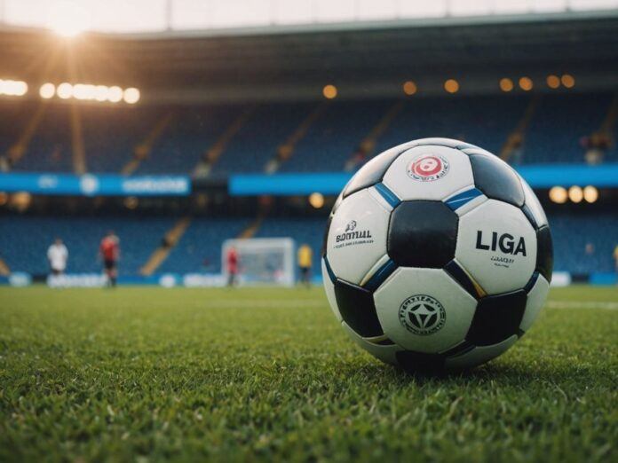 Soccer ball on field with Liga 3 calendar