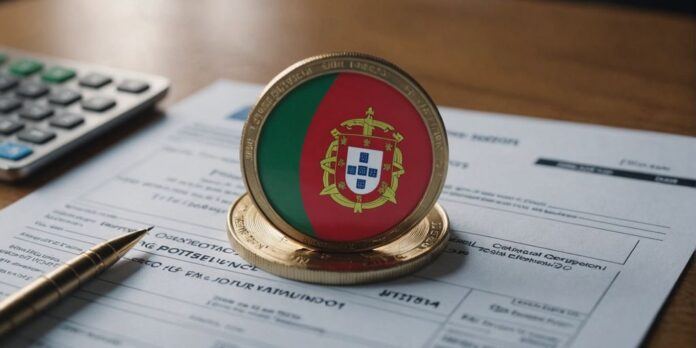 Portugal flag with cryptocurrency symbols and tax documents