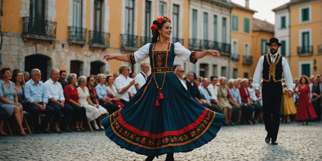 Portuguese dancers in traditional attire performing a cultural dance.