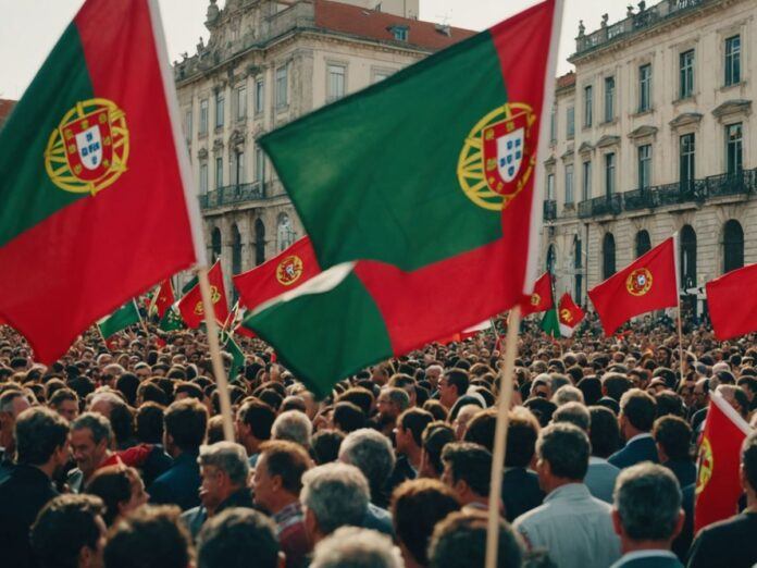 People waving flags celebrating Portugal's democracy anniversary