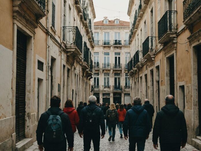 Residents navigate narrow streets amid crumbling Lisbon buildings.