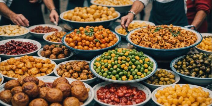 A collage of Portugal's iconic dishes and vibrant food markets.