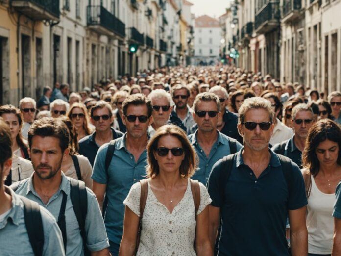 Tourists in Portugal street looking concerned amid rising tensions.