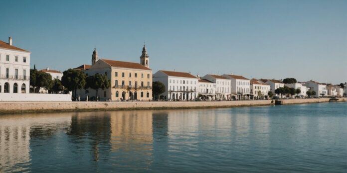 Historic Tavira buildings and river under a clear sky.