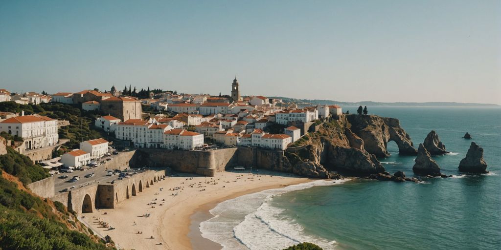 Portugal coastline with historic landmarks and ocean view.