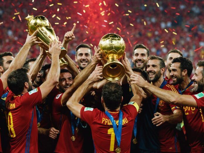 Spain's team lifting the UEFA Euro 2024 trophy in celebration