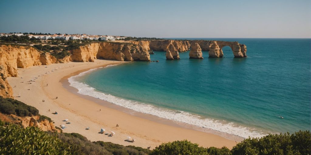 Golden beaches and blue waters of Algarve coastline.