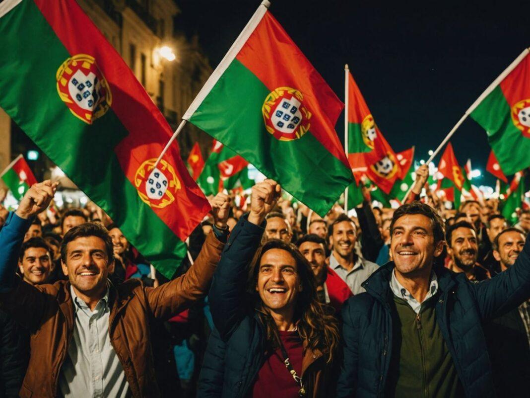 Portugal's center-right party celebrates election win with flags.