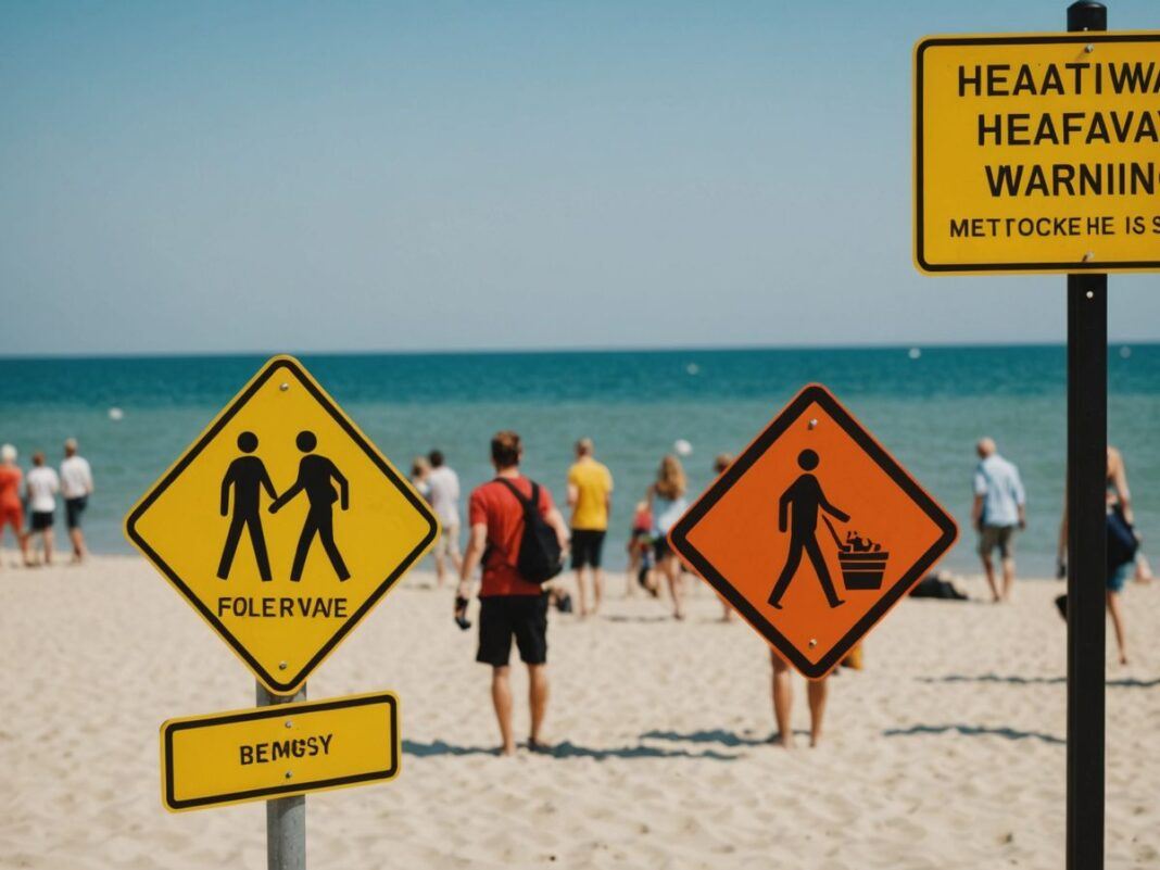 Tourists on beach with heatwave warning signs in summer.