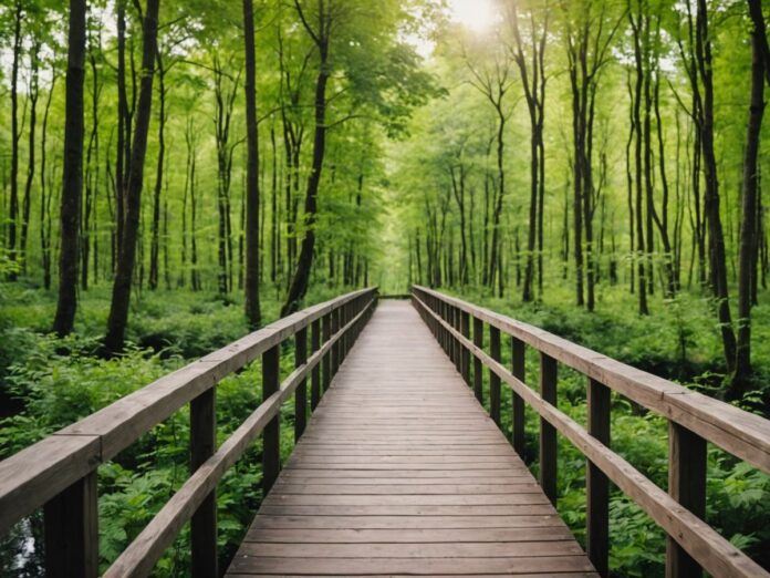 Wooden walkway winding through green forest beside flowing river.