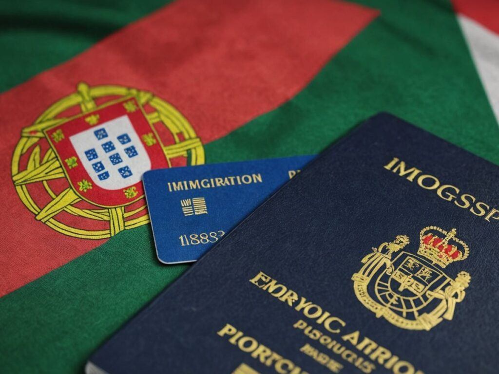 Portugal flag, immigration icons, Indian passport