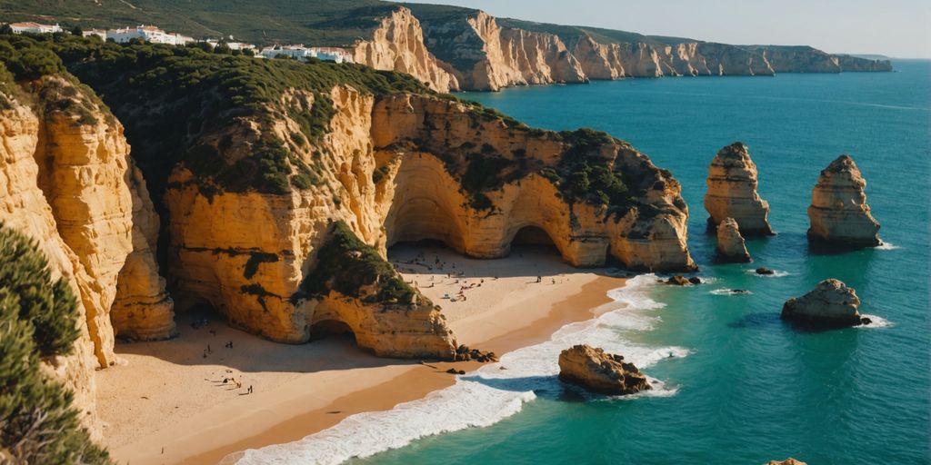 Golden cliffs and blue waters of Algarve coastline