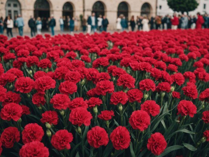 People in Cascais celebrating with red carnations